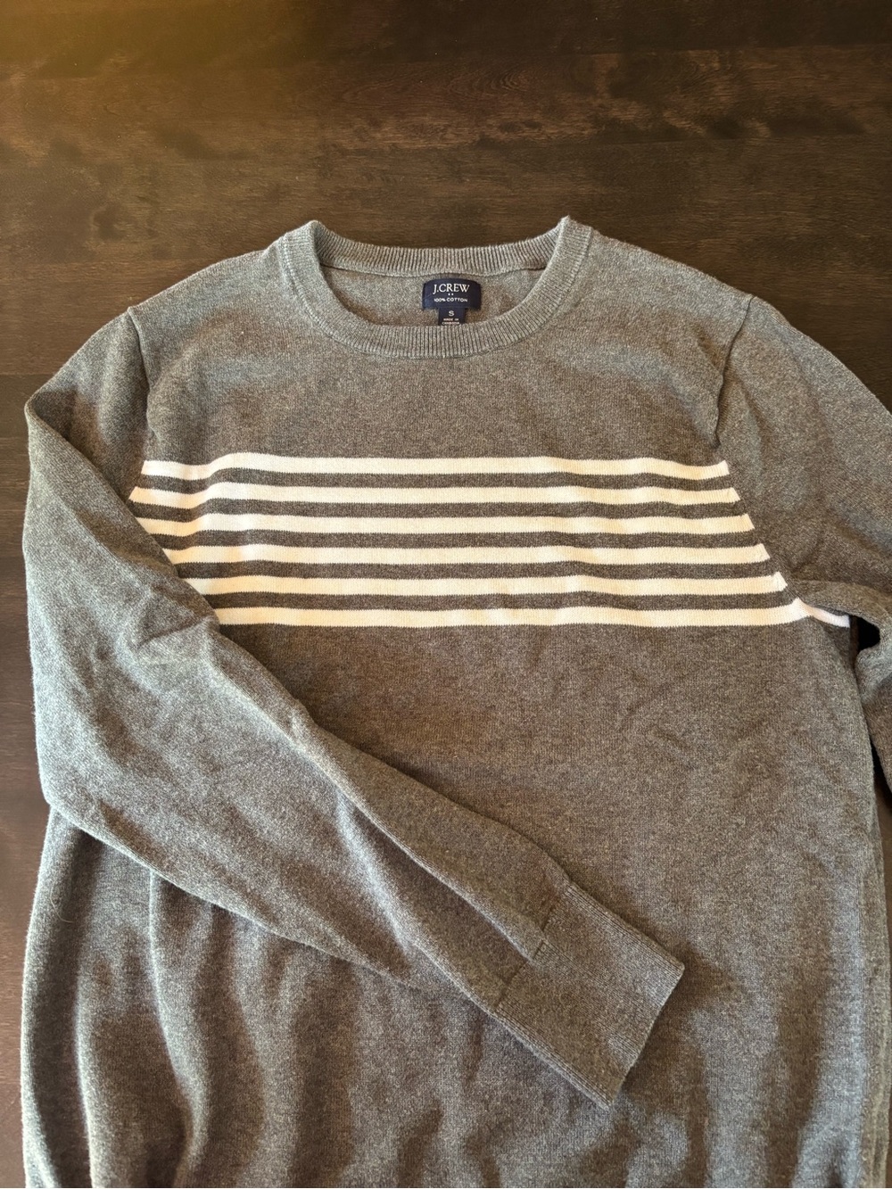 J. Crew Mens Dark Gray Crewneck Sweater with White Stripes